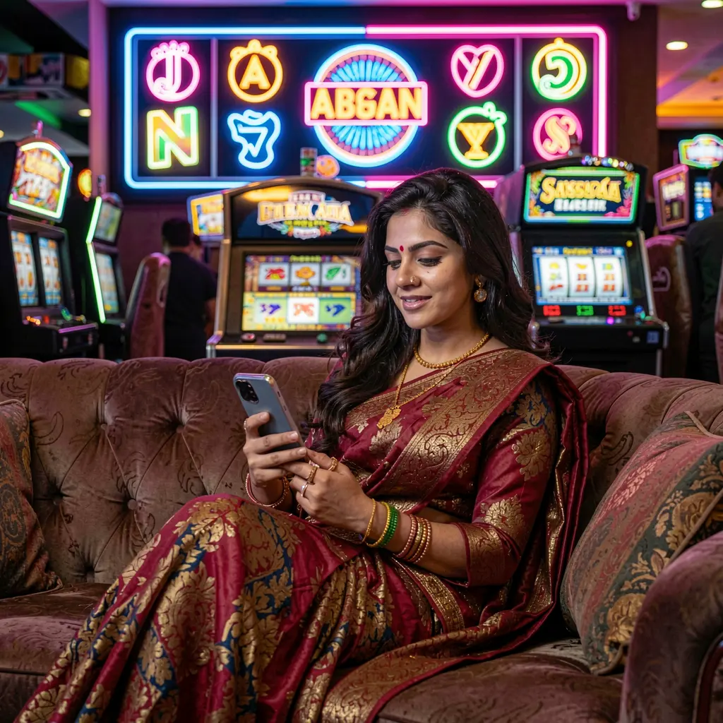 Elegant Bangladeshi woman using the 88ABDT casino app on her phone while relaxing on a sofa with colorful neon casino lights behind her