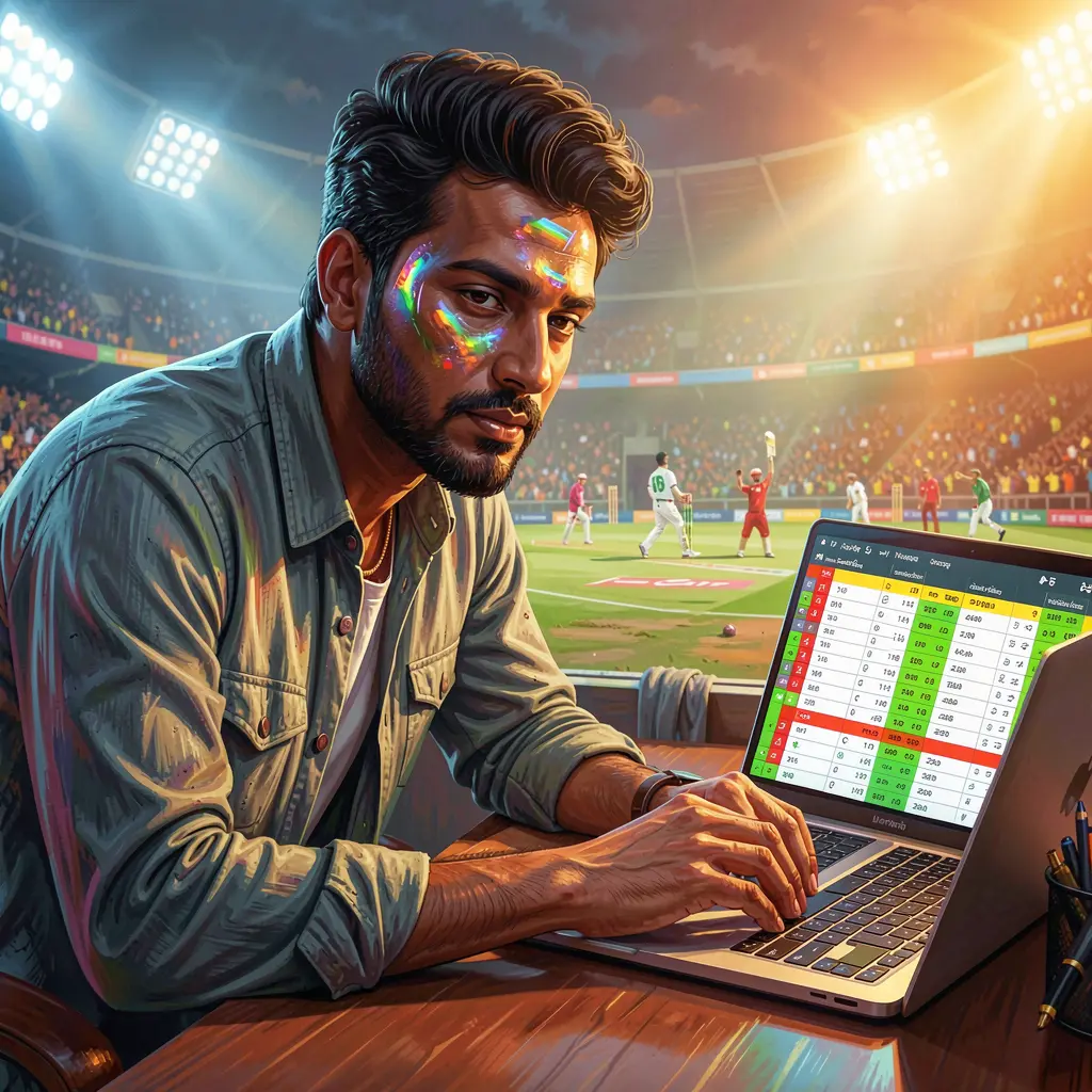 Focused Bangladeshi sports bettor analyzing live cricket odds on a laptop with stadium lights reflecting on his face using 88ABDT