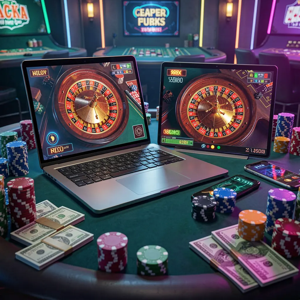 Modern online casino setup with a laptop and smartphone displaying a glowing roulette wheel and scattered chips representing immersive gaming on 88ABDT for Bangladeshi players