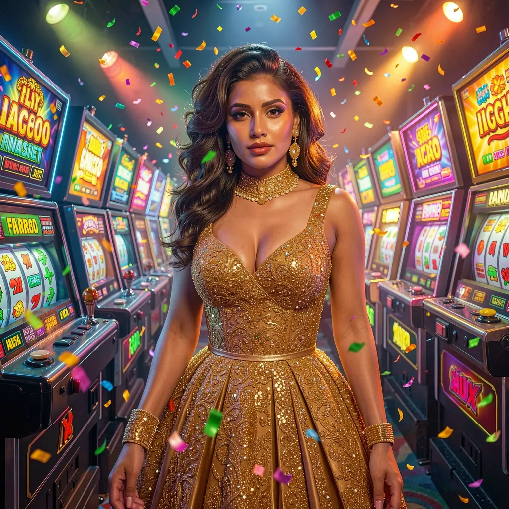 Glamorous woman in a golden dress standing between glowing slot machines inside 88ABDT casino creating a luxurious gaming atmosphere for players in Bangladesh